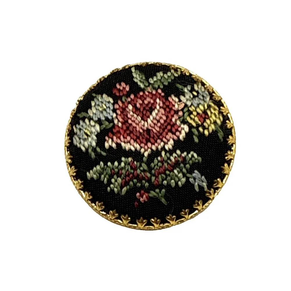 Vintage NeedlePoint Rose Brooch Gold Tone Hand Crafted Floral Pin 1 3/8